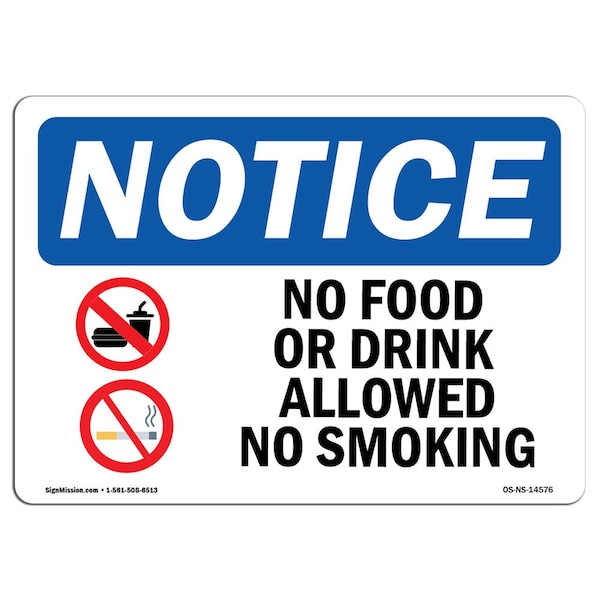 Signmission OSHA Sign, 10" H, Rigid Plastic, No Food Or Drink Allowed No Smoking Sign With Symbol, Landscape OS-NS-P-1014-L-14576 - main
